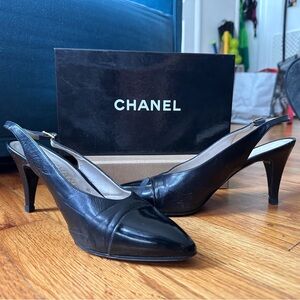CHANEL Black Leather Slingback Heels